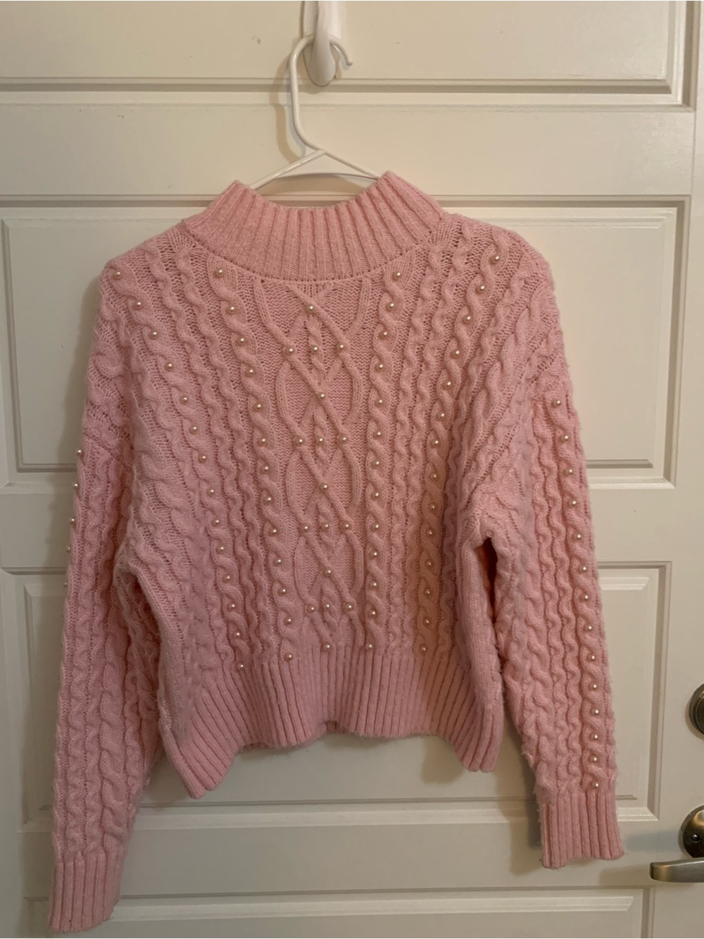 Design History Pink Pearl-Accent Cable Knit Mock Neck Sweater